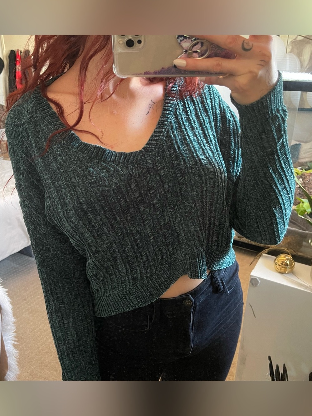 ILLA ILLA Super Soft Chunky Knit V-Neck Chenille Sweater in Teal Green - M